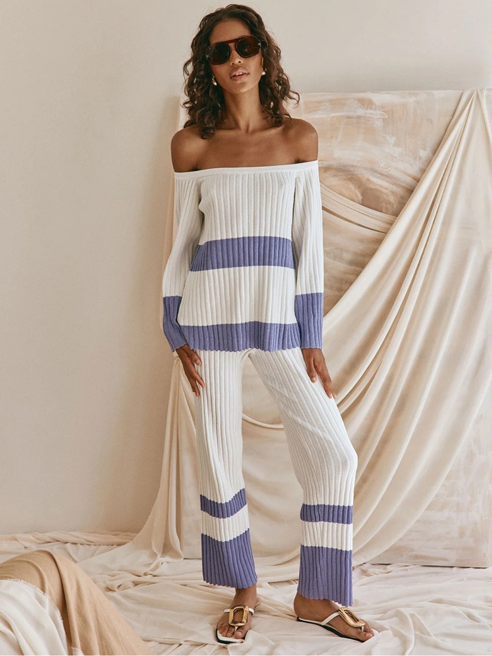 SABO 2 Piece Cuba Knit Off Shoulder Top & Wide Leg Pant Set